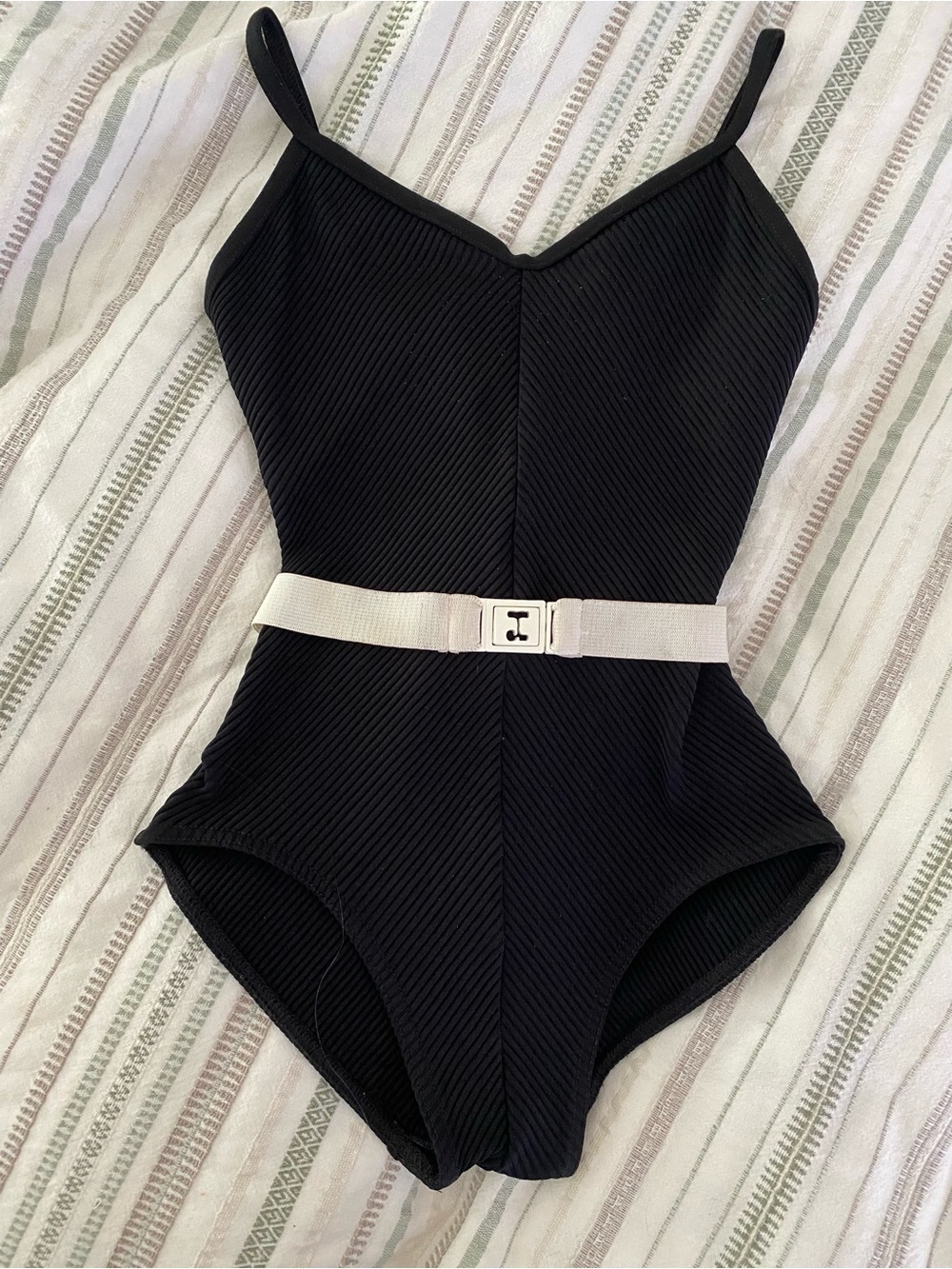 Vintage Mirella Black Ribbed Leotard White Belt Balletcore McBrearty Dance - S